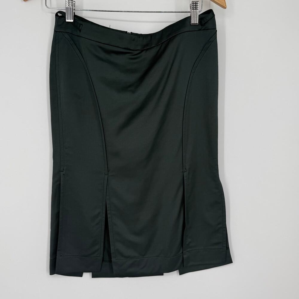Patrizia Pepe Pine Green Satin Pencil Skirt Structure Front Seams Slits Office